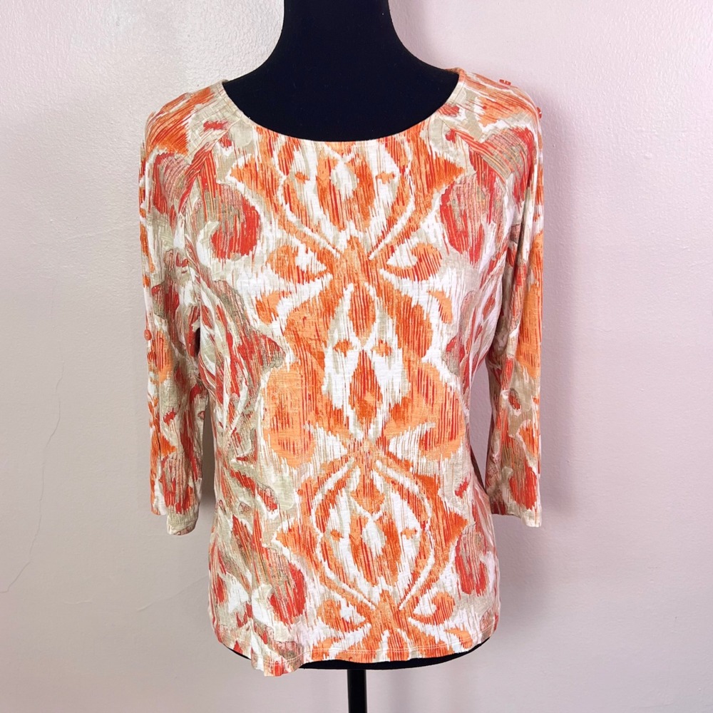 Chico's Ikat Print Knit Top Size 2 (L/12) Orange Tan 3/4 Sleeve Button Sleeve